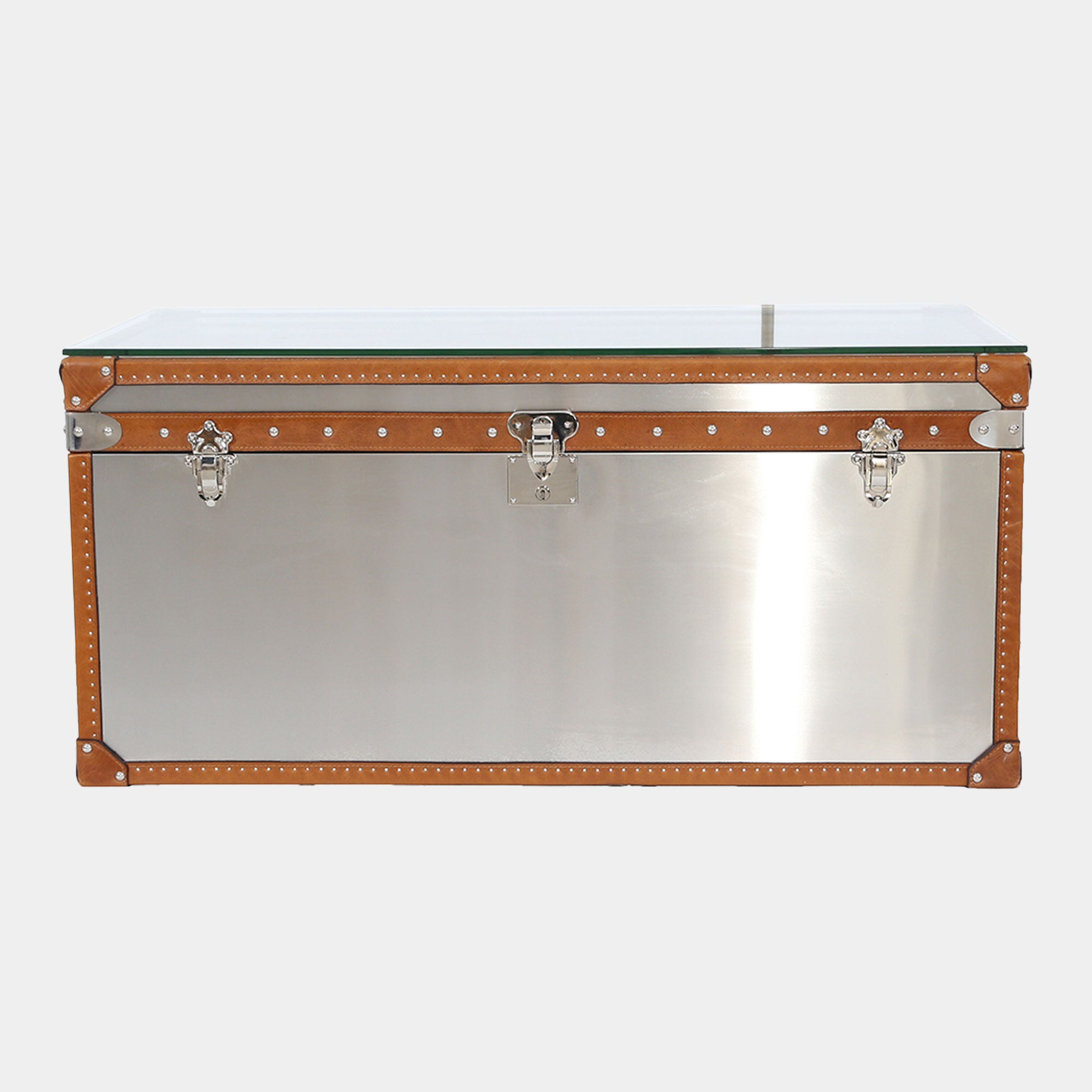 Large Stainless Steel Trunk With Leather Details And Glass Top
