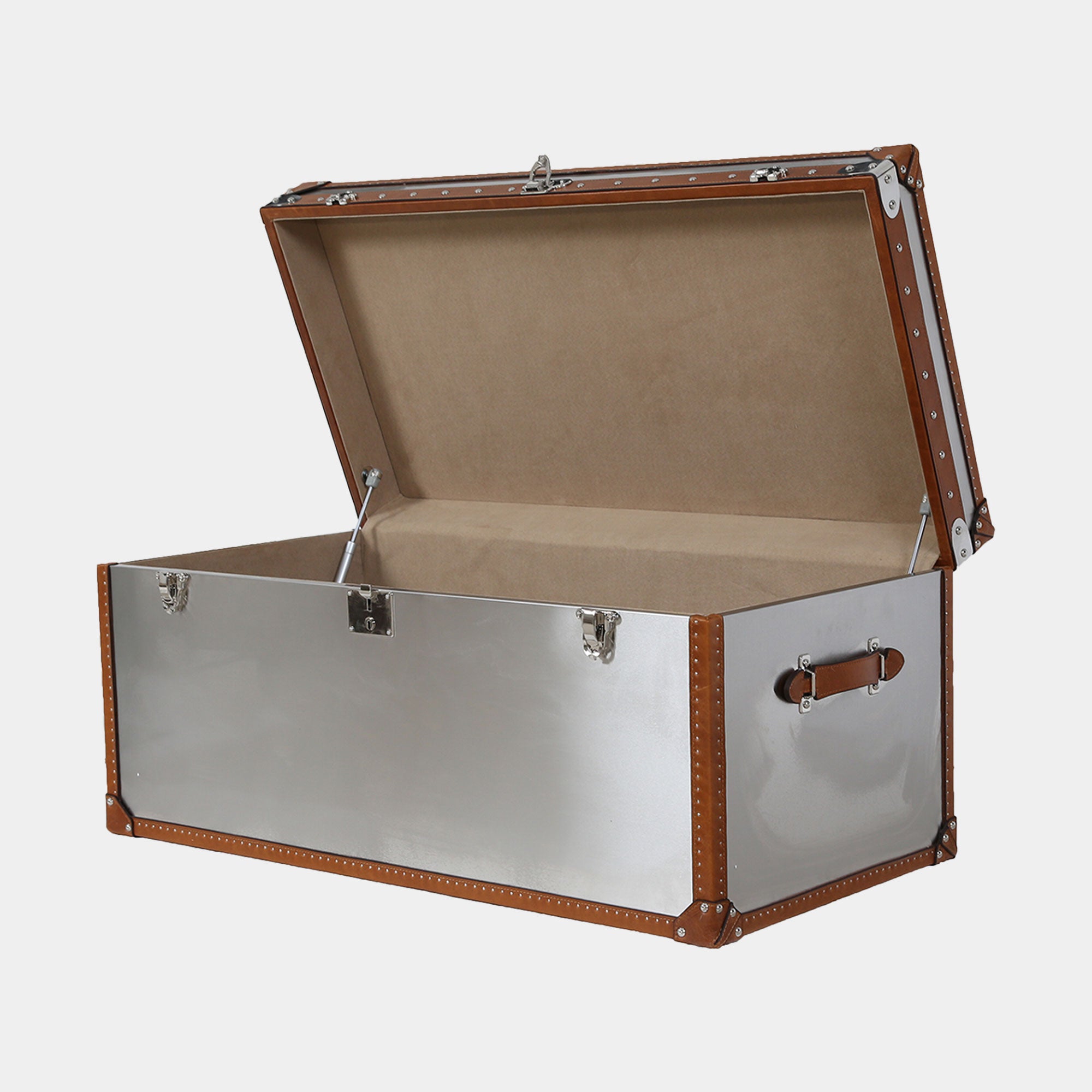 Large Stainless Steel Trunk With Leather Details And Glass Top