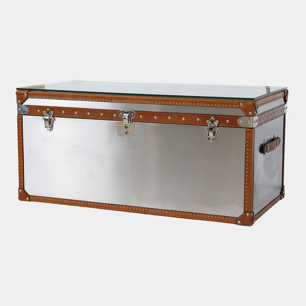 Large Stainless Steel Trunk With Leather Details And Glass Top