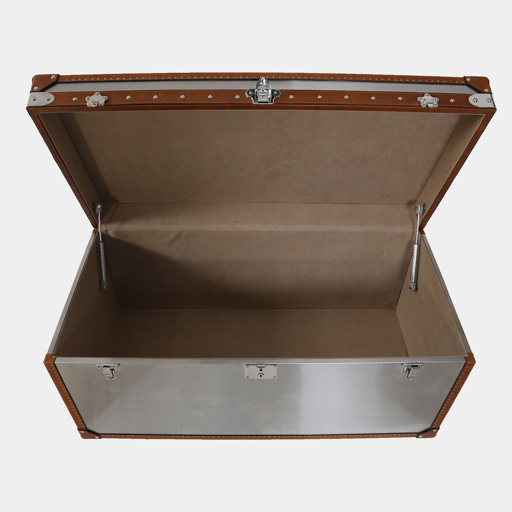 Large Stainless Steel Trunk With Leather Details And Glass Top