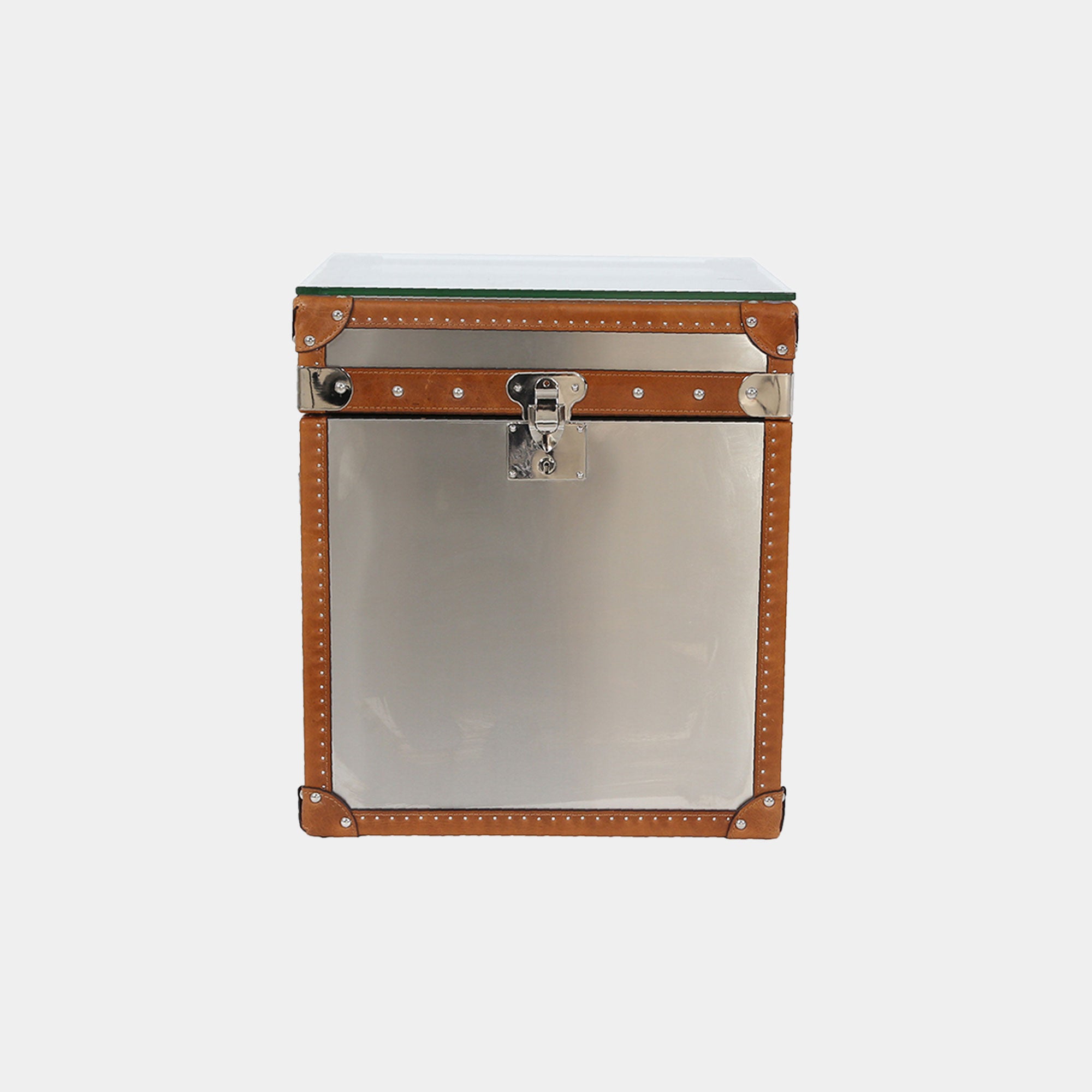 Small Stainless Steel Trunk With Leather Details And Glass Top