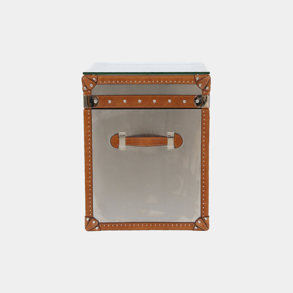 Small Stainless Steel Trunk With Leather Details And Glass Top