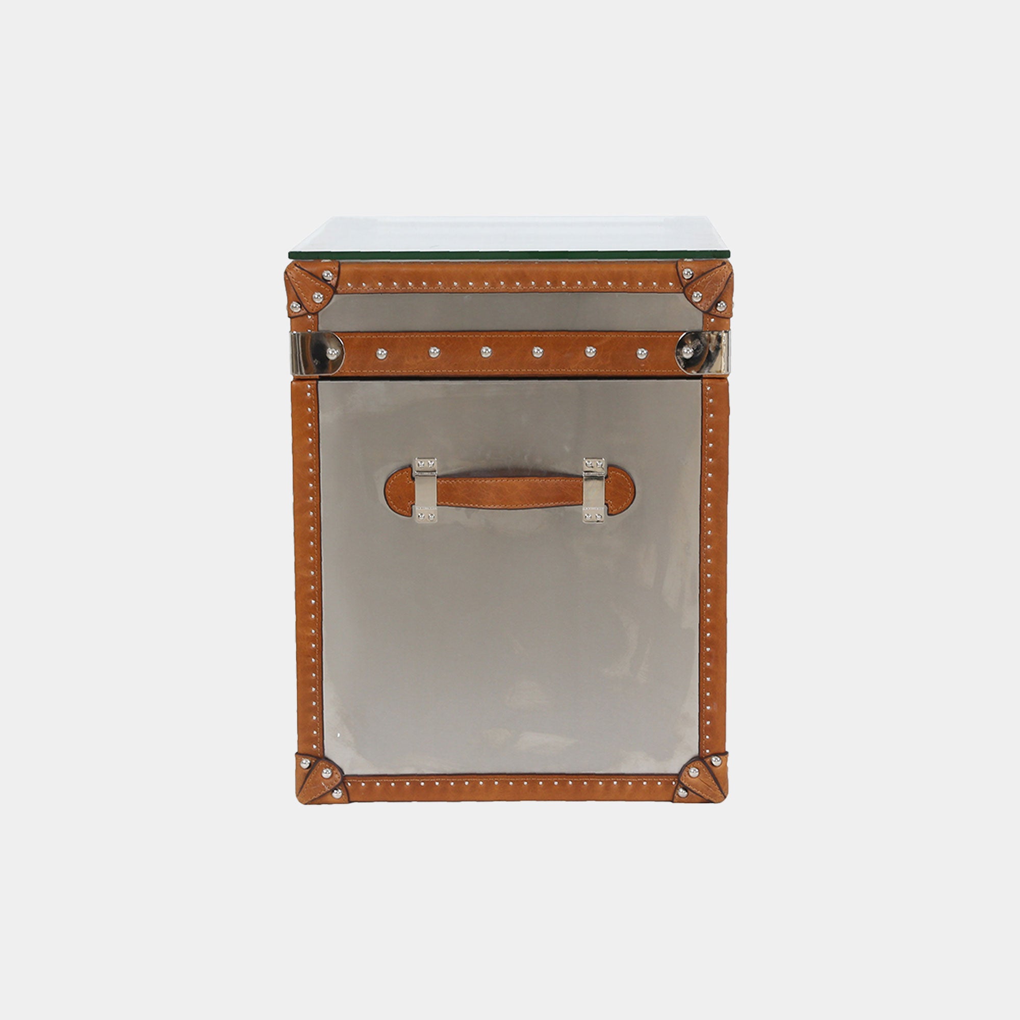 Small Stainless Steel Trunk With Leather Details And Glass Top