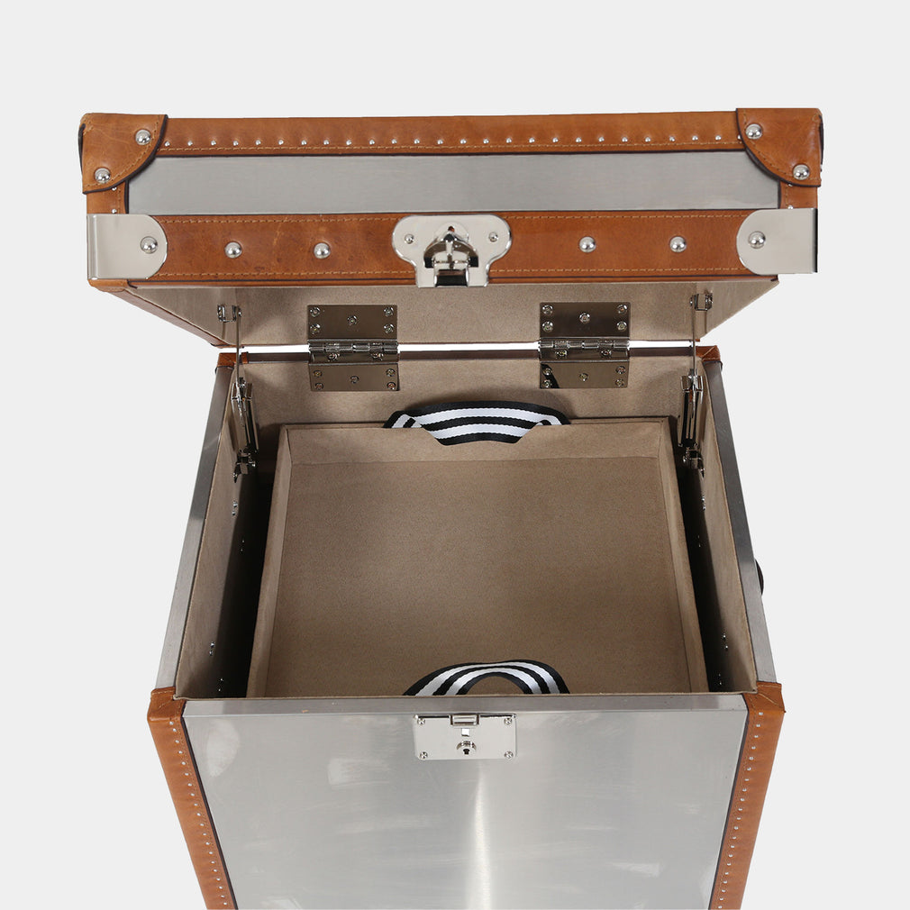 Small Stainless Steel Trunk With Leather Details And Glass Top