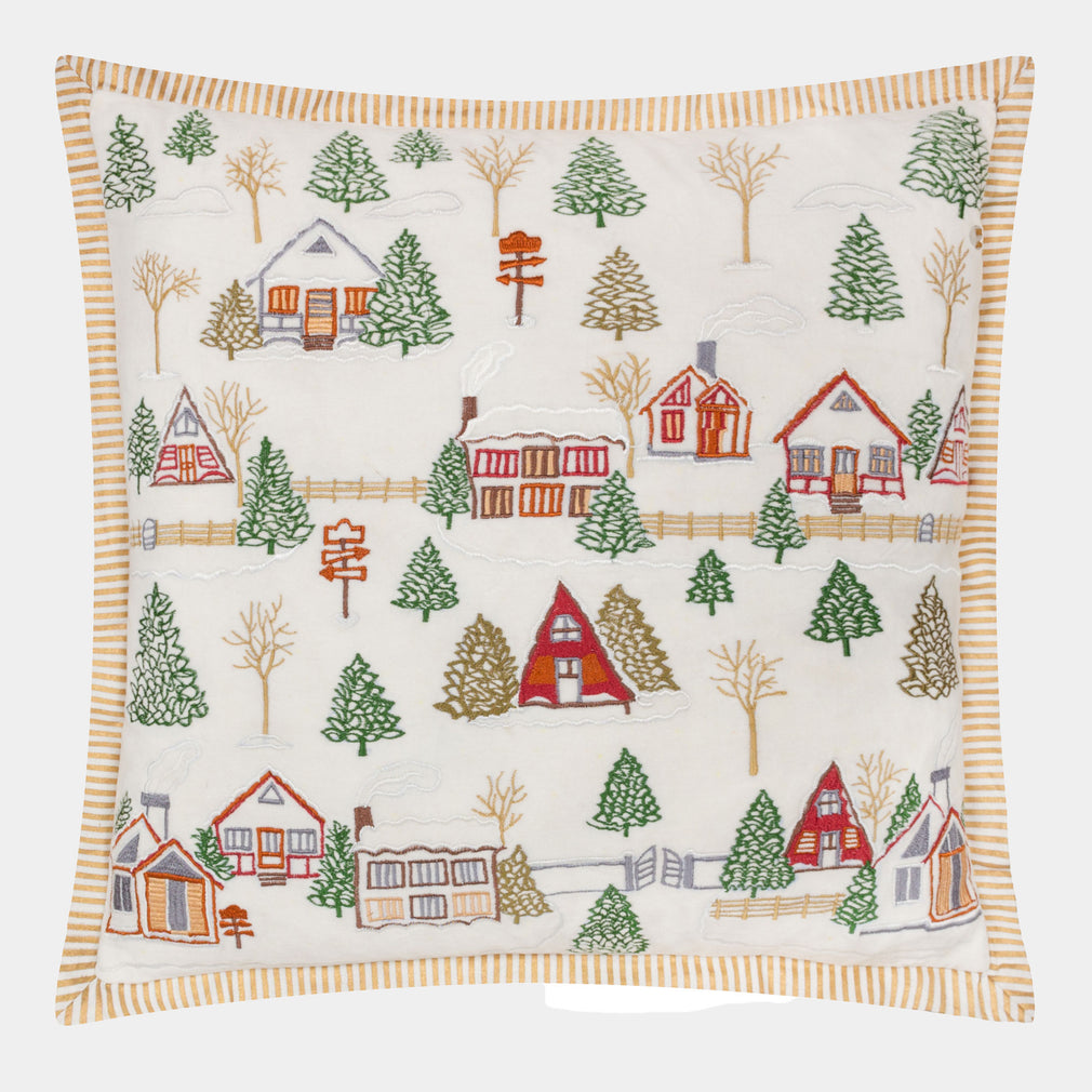 Winter Ski Lodges Embroidered - White Christmas Cushion 50x50cm