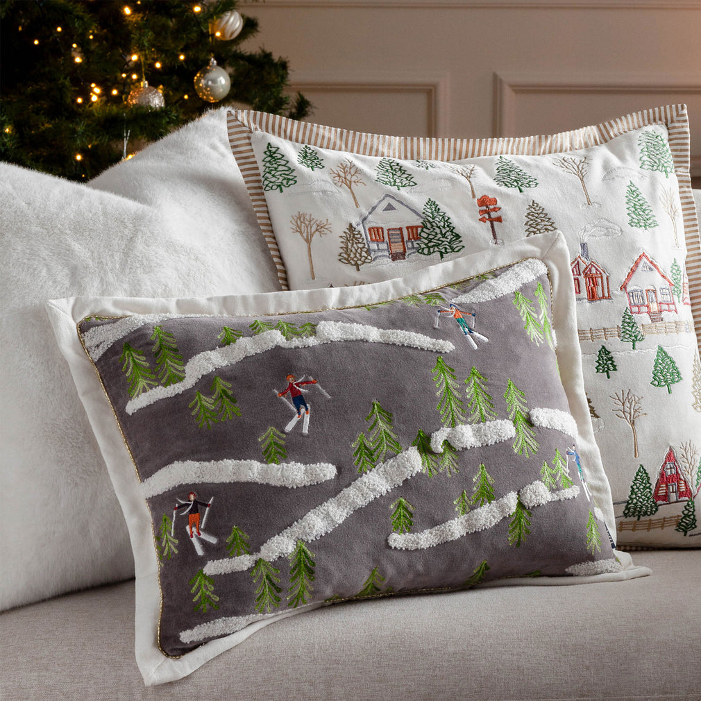 Winter Ski Lodges Embroidered - White Christmas Cushion 50x50cm