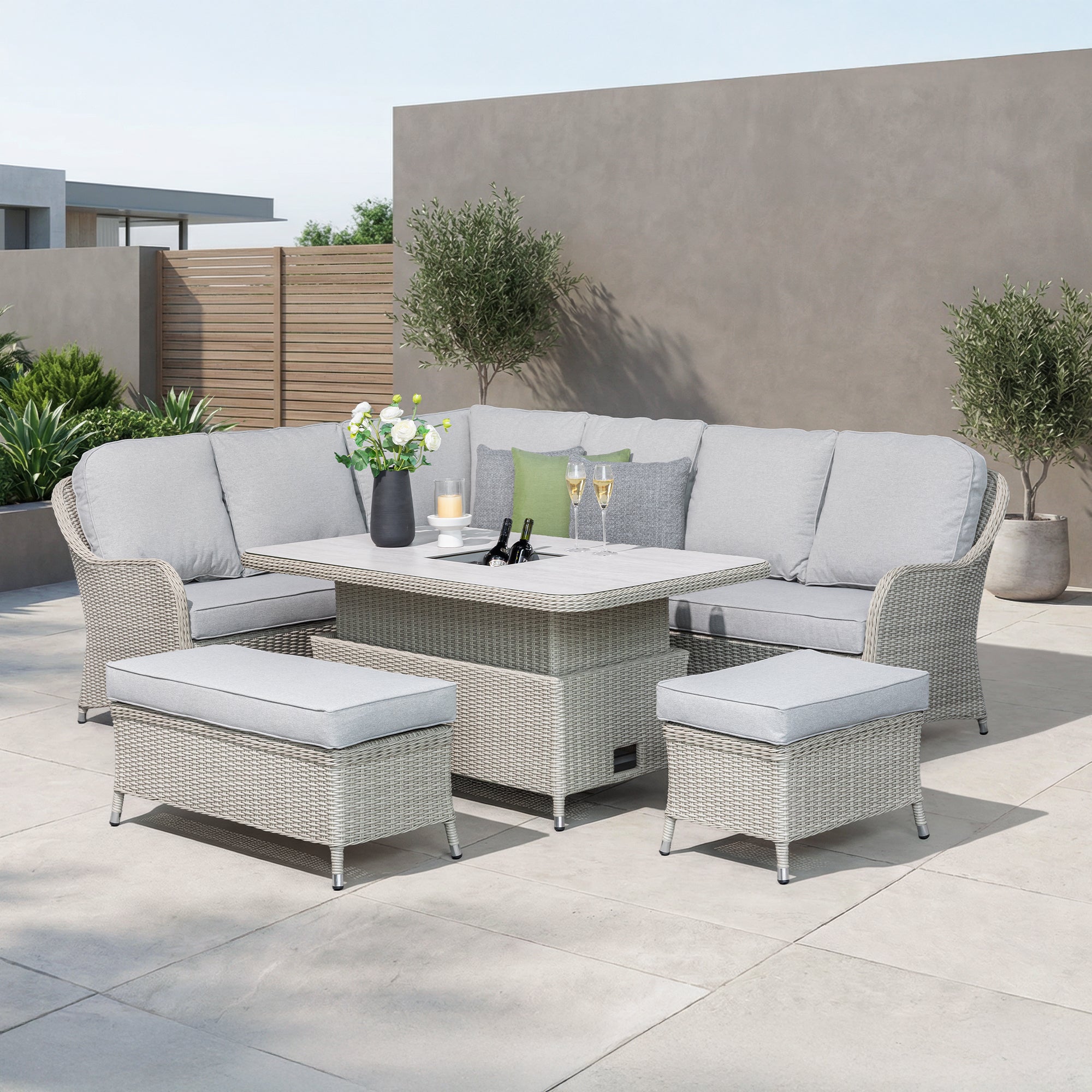 Pebble Beach - Large Corner Garden Sofa Set & Rising Table & Ice Bucket