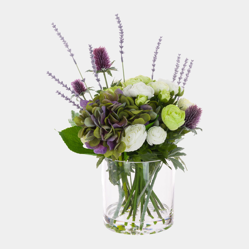 Artificial Purple Hydrangea & Thistle in Vase - Luxury Faux Flower Arrangement