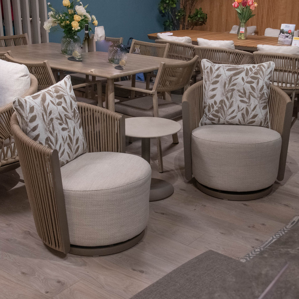 Mauritius - Pair Of Accent Swivel Garden Chairs & Side Table - Item as Pictured