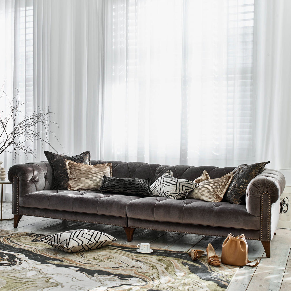 Shallow 4 Seat Sofa In Fabric Grade A Oracle Chocolate With Antique Studs And Dark Feet