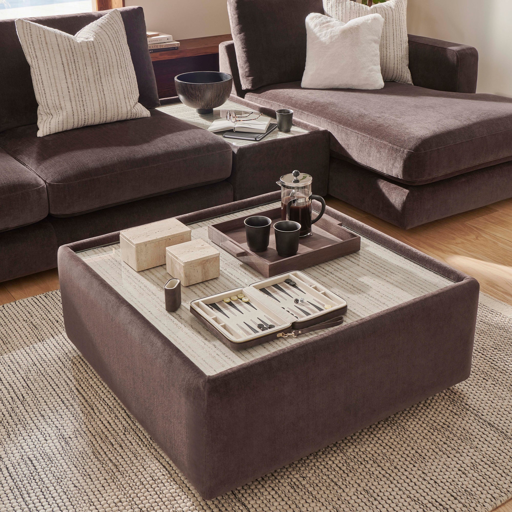 Solace - Square Glass Top Table, Fabric