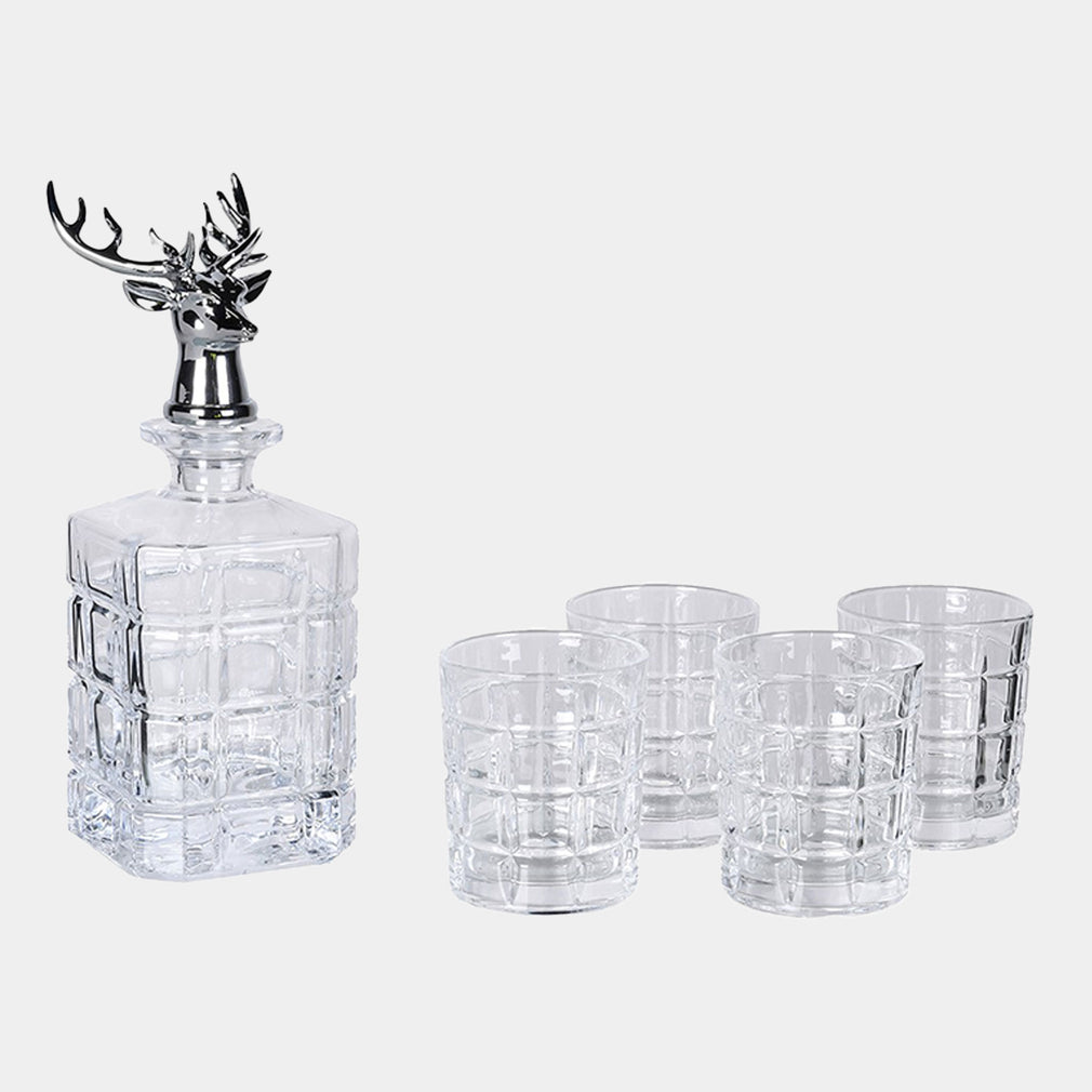 Stag Whisky Set - Decanter, 4 Glasses & Silver Stag Stopper Set