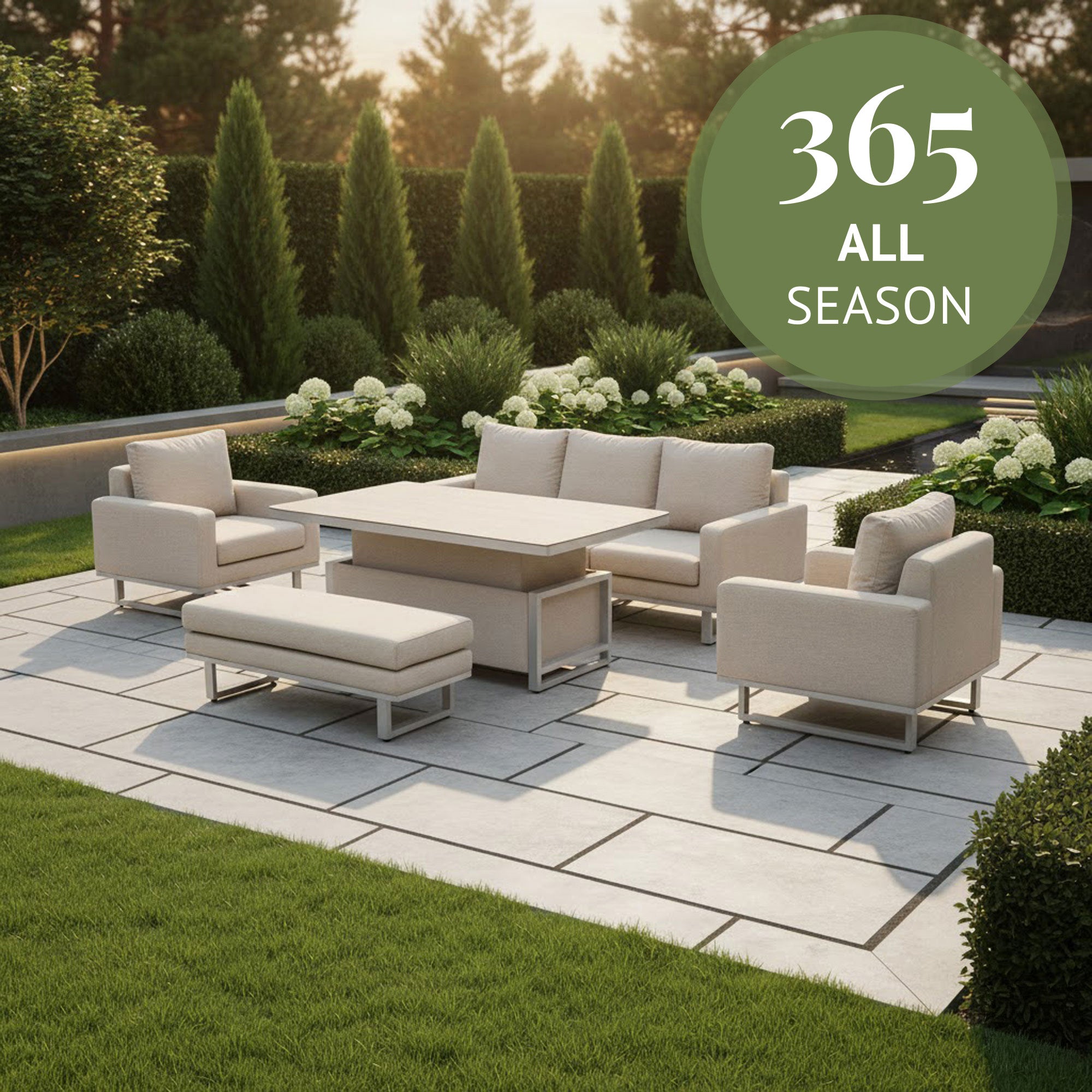 Coral Gables - 3 Seat Garden Sofa Dining Set With Rising Table, Natural Aluminium