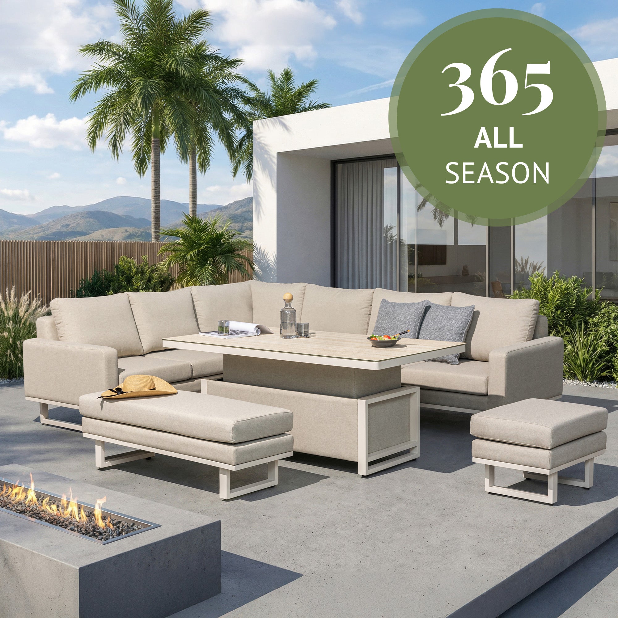 Coral Gables - Corner Garden Dining Set With Rising Table, Natural Aluminium