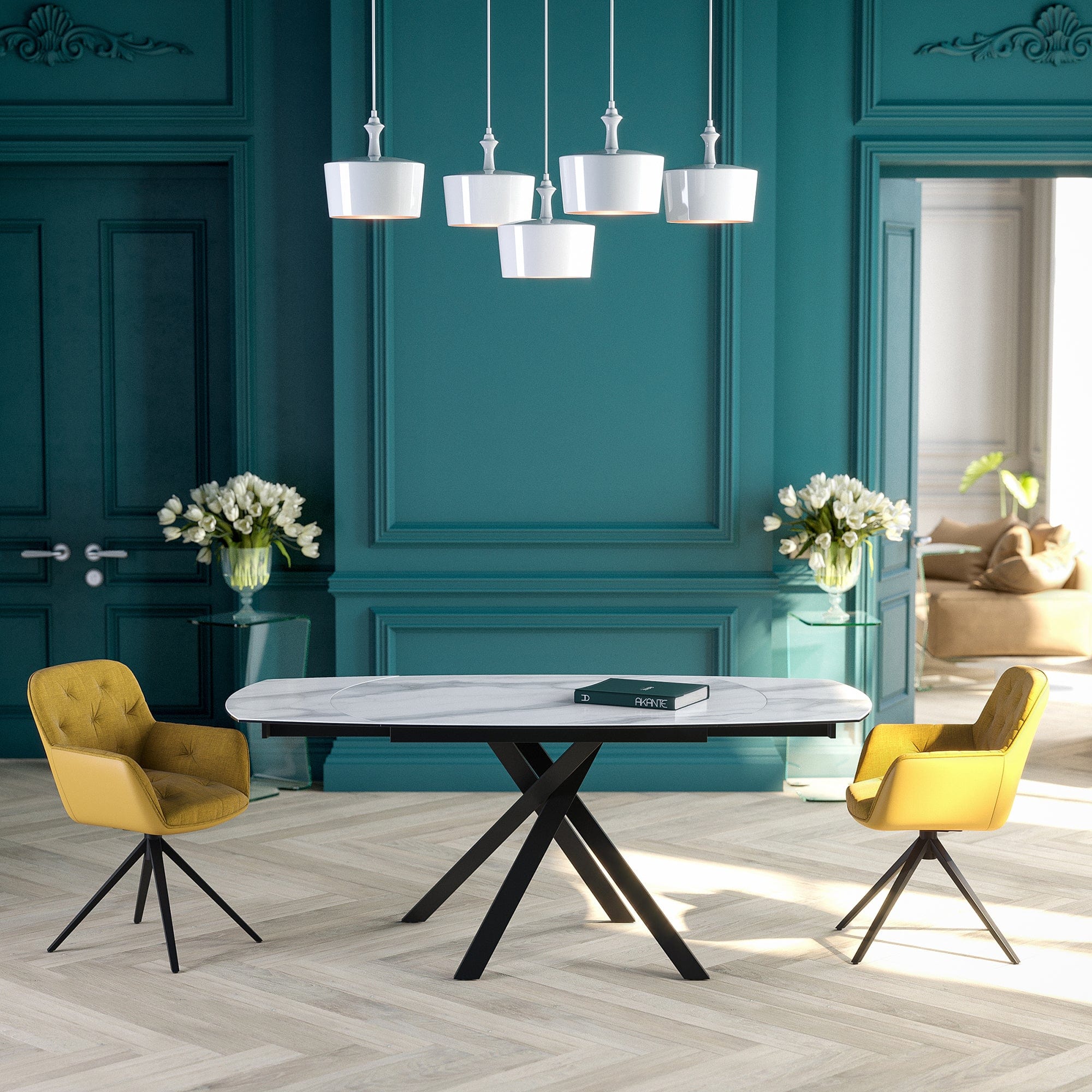 130cm Extending Dining Table In MA Matt Marble Ceramic With Black Steel Base