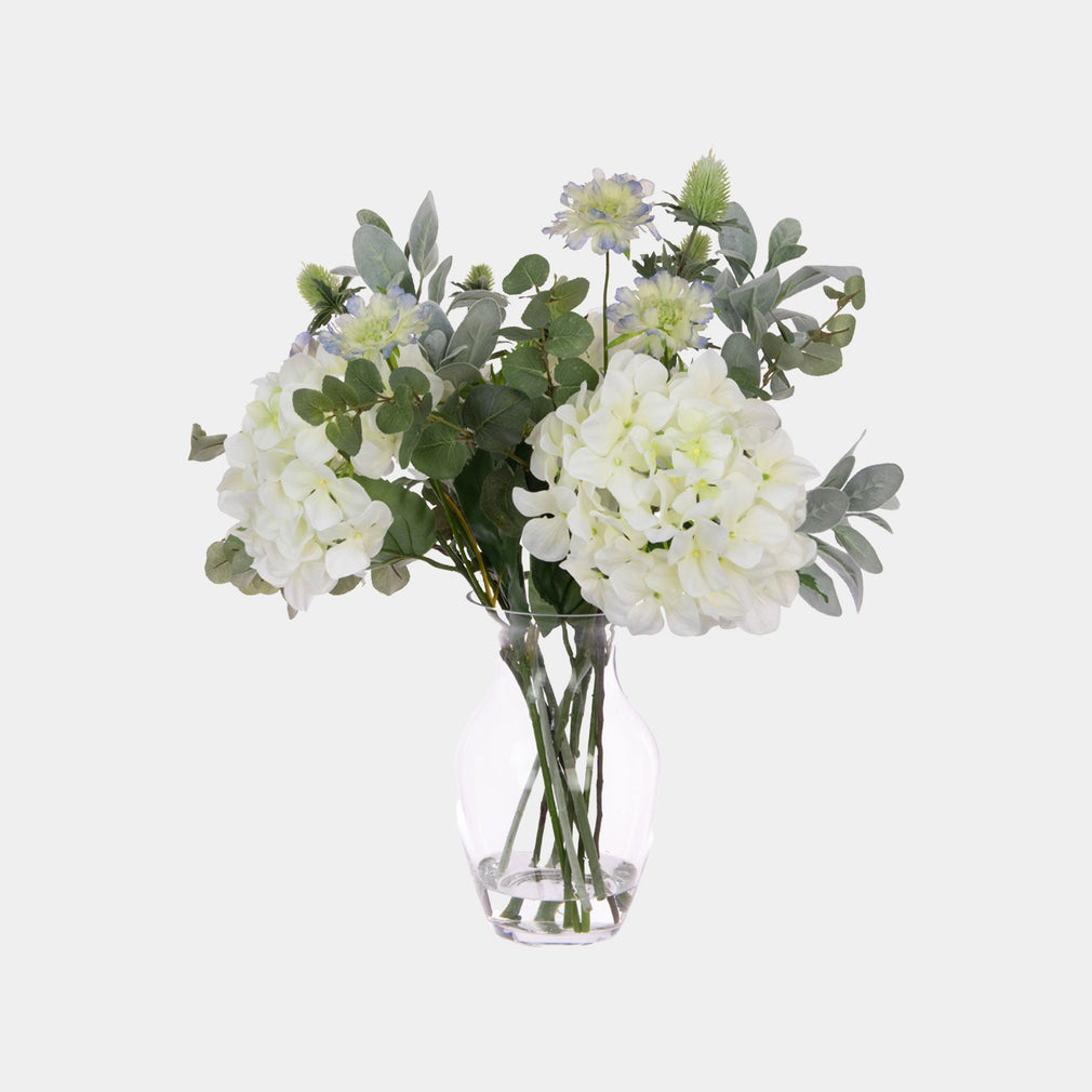 Artificial Waverly White Hydrangea Bouquet in Vase - Faux Floral Arrangement