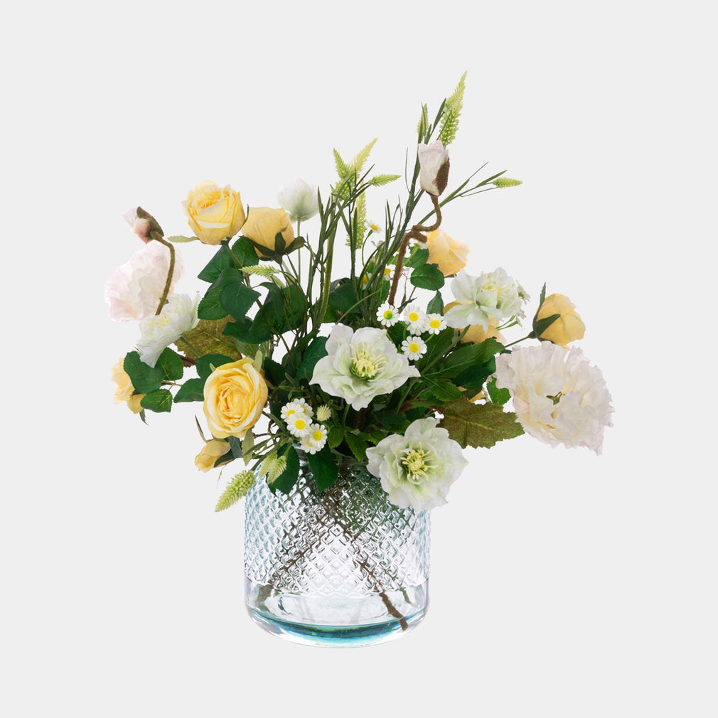 Artificial Yellow Rose Bouquet in Glass Vase - Faux Floral Arrangement