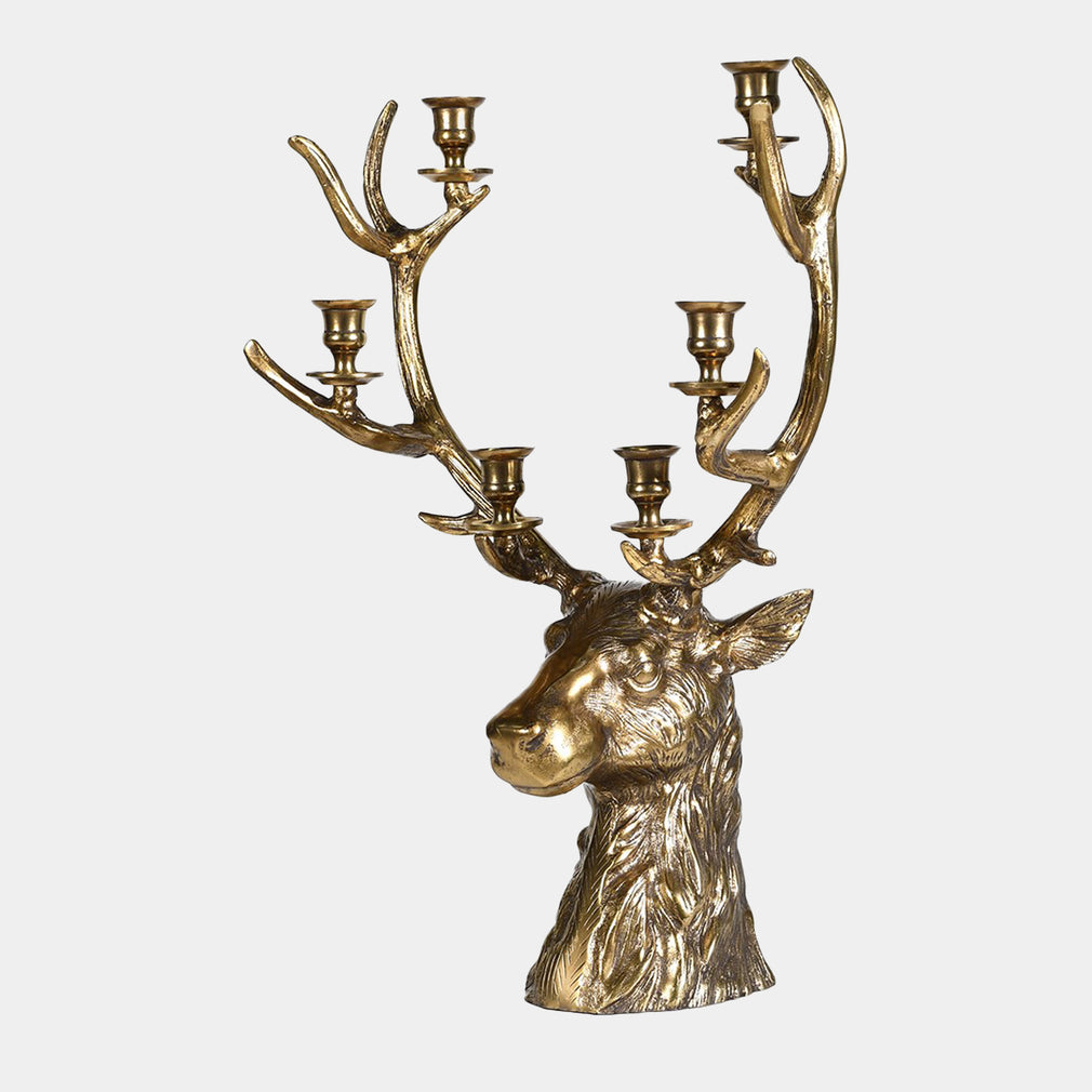 Brass Reindeer Christmas Candle Holder - 6 Arm Festive Candelabra
