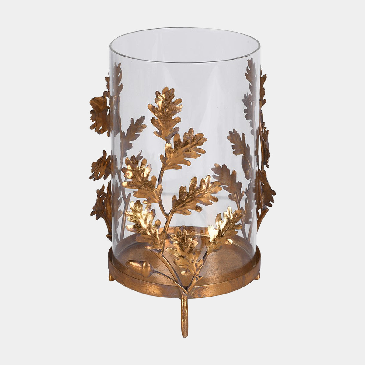 Golden Leaf Christmas Hurricane - Glass & Gold Metal Candle Holder
