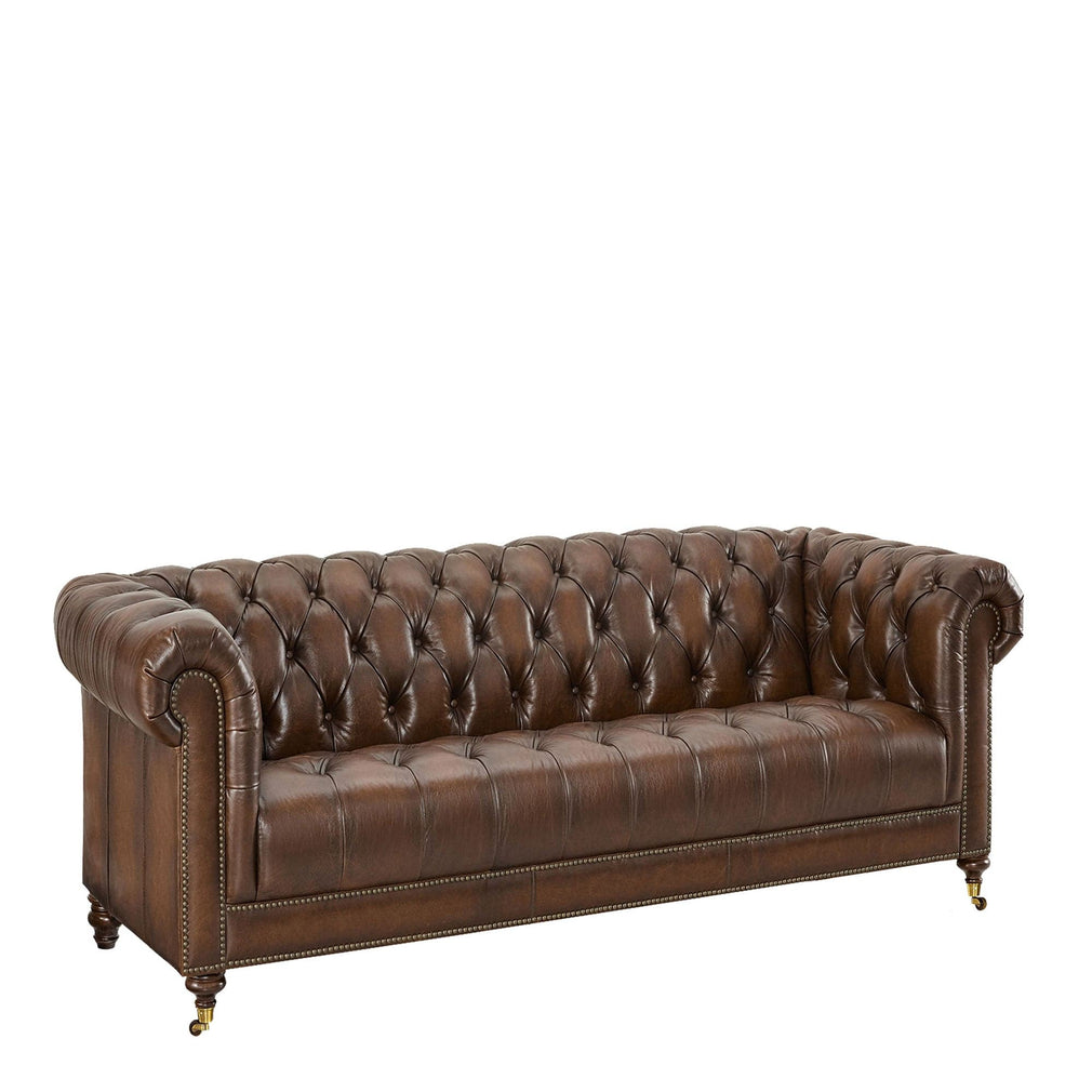3.5 Seat Sofa In Leather Vintage LLS Vintage Tabac 1807 With Antique Brass Studs With Mahogany Feet