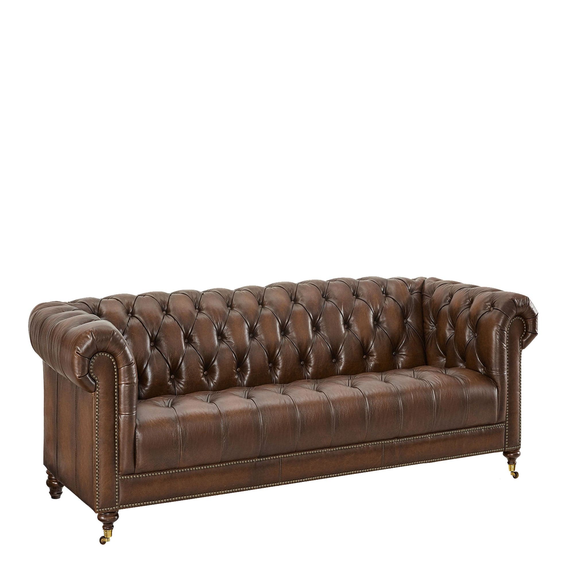 3.5 Seat Sofa In Leather Vintage LLS Vintage Tabac 1807 With Antique Brass Studs With Mahogany Feet
