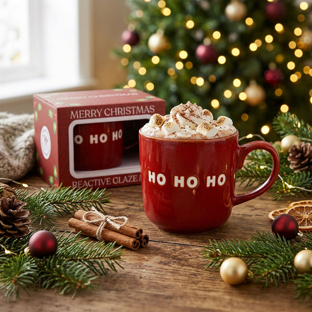 Ho Ho Ho Christmas Mugs Set of 4 - Festive Red Coffee Cups