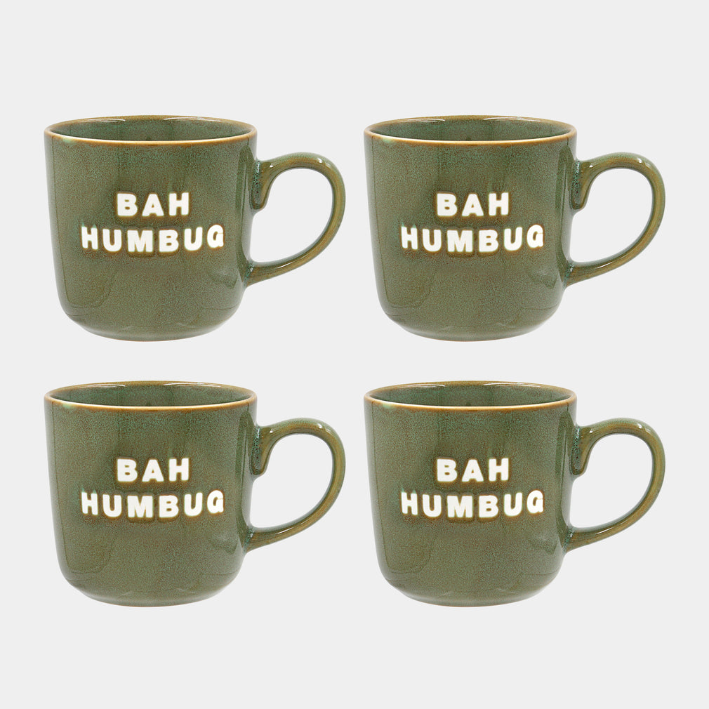 Bah Humbug Christmas Mugs Set of 4 - Festive Green Coffee Cups
