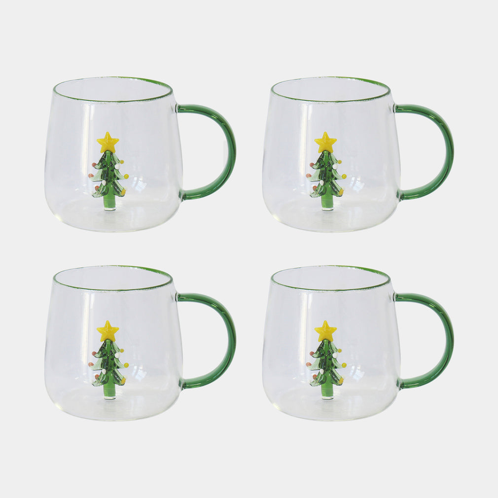 Christmas Tree Glass Mugs Set of 4 - Festive Hot Chocolate & Coffee Cups