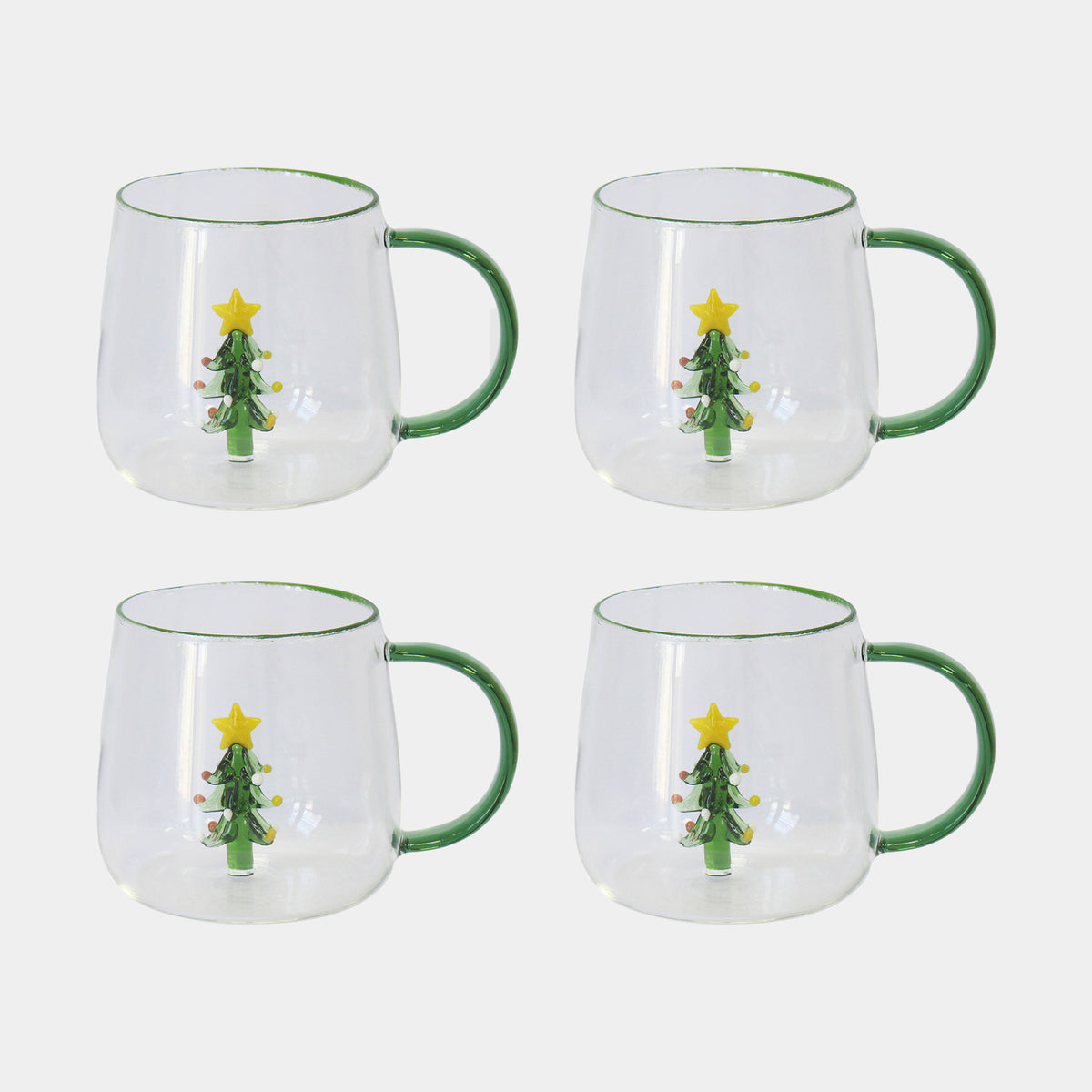 Christmas Tree Glass Mugs Set of 4 - Festive Hot Chocolate & Coffee Cups