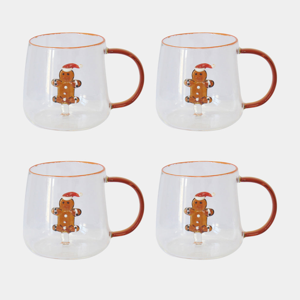 Gingerbread Glass Mugs Set of 4 - Festive Hot Chocolate & Coffee Cups