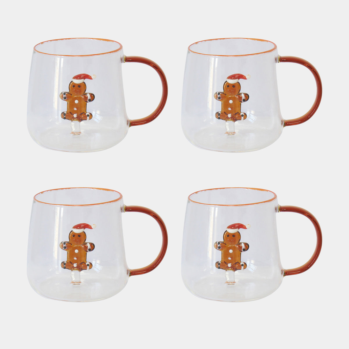 Gingerbread Glass Mugs Set of 4 - Festive Hot Chocolate & Coffee Cups