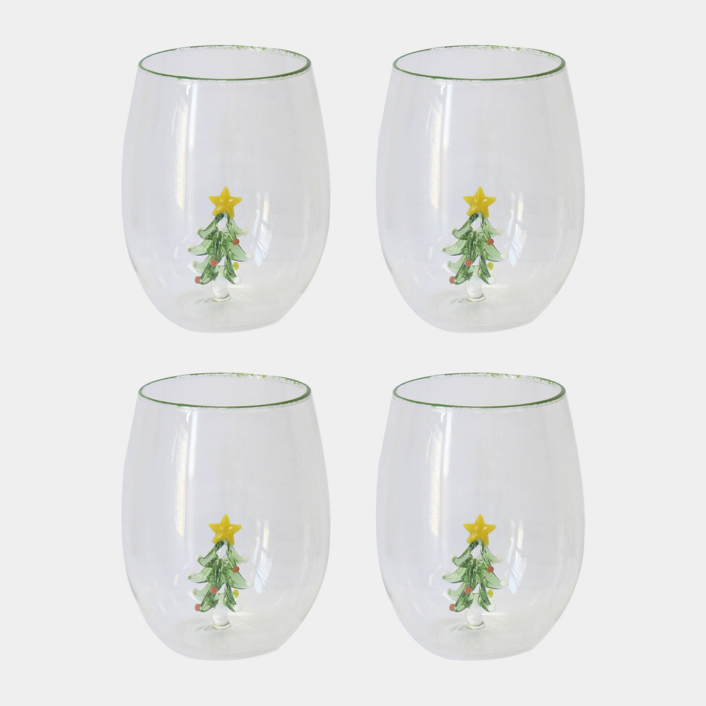 Christmas Tree Glass Tumblers Set of 4 - Festive Hot Chocolate & Cocktail Glasses