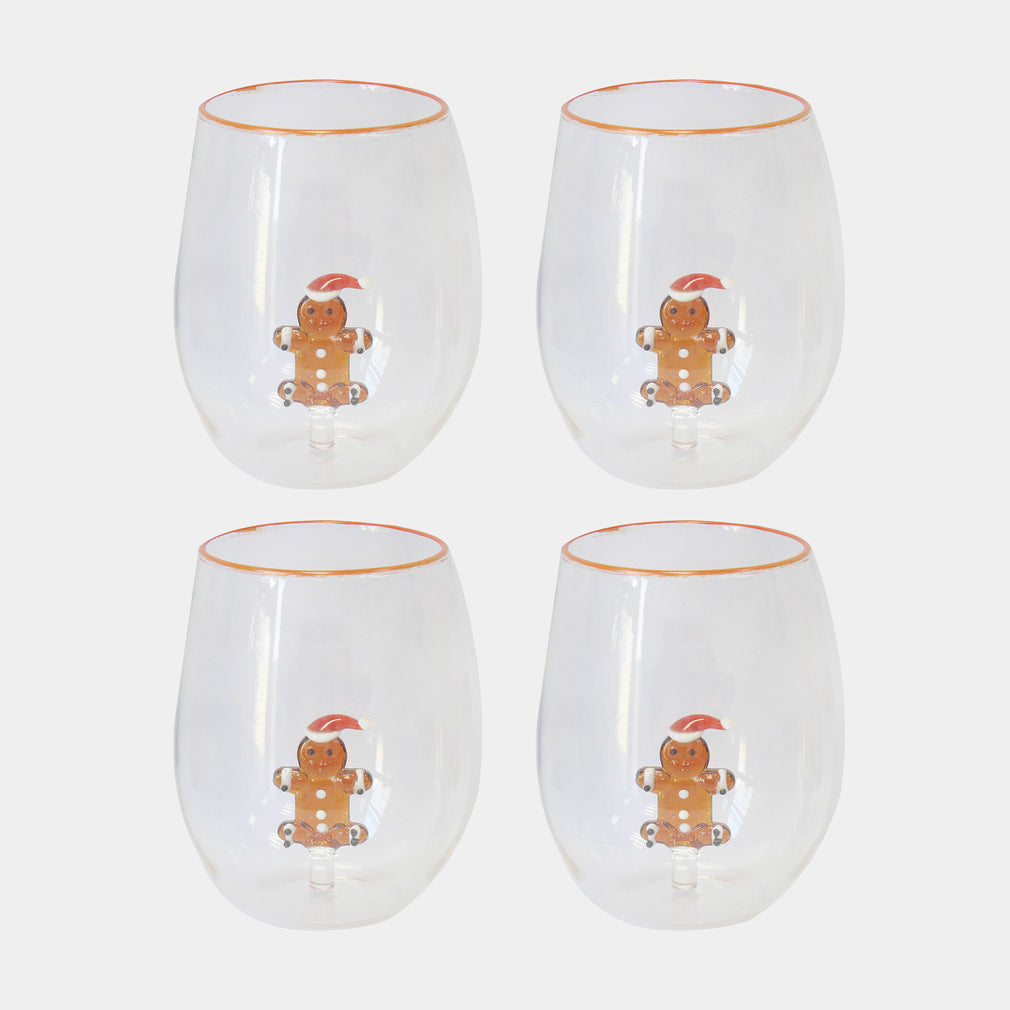 Gingerbread Glass Tumblers Set of 4 - Festive Hot Chocolate & Cocktail Glasses