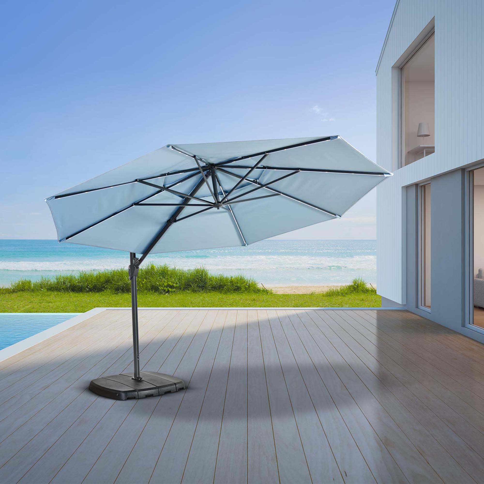 St Tropez - 3.3m Garden Parasol With Base & LED Lights, Duck Egg Blue
