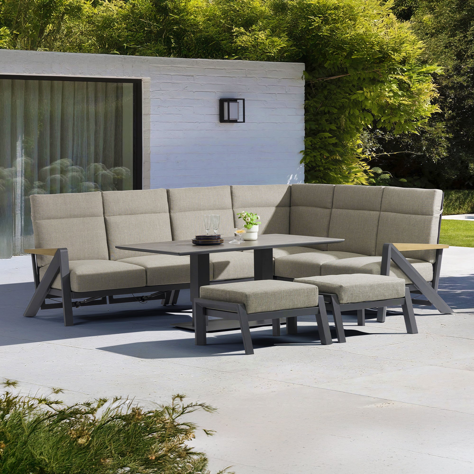 Tahiti - Corner Garden Dining Set With Rising Table & High Backs, Grey