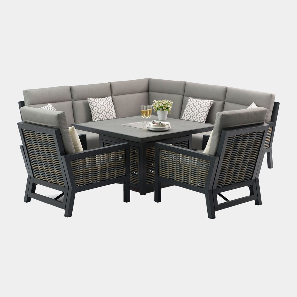 Key Largo - High Back Corner Garden Dining Set With Firepit & 2 Reclining Armchairs, Aluminium & Rattan