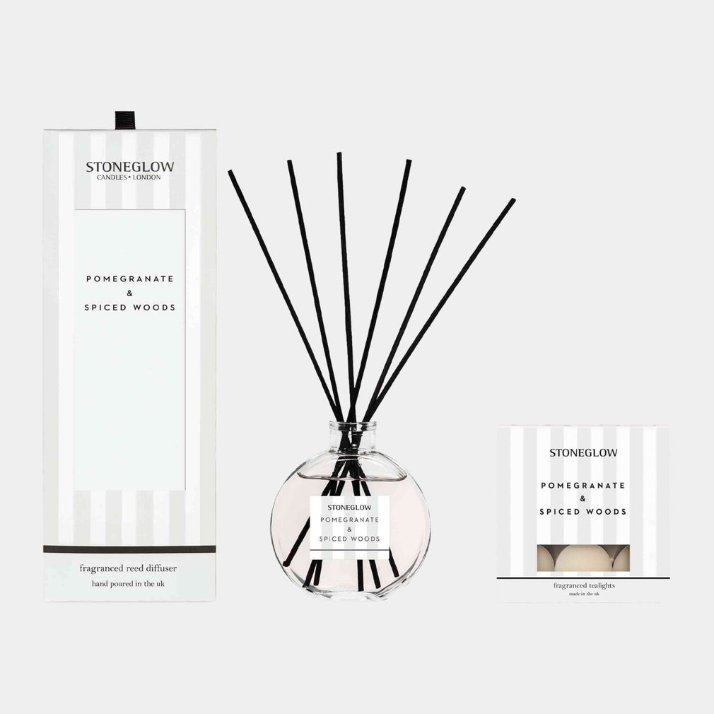 Stoneglow Modern Classics - Pomegranate & Spiced Woods Reed Diffuser & Tealights Candle Set