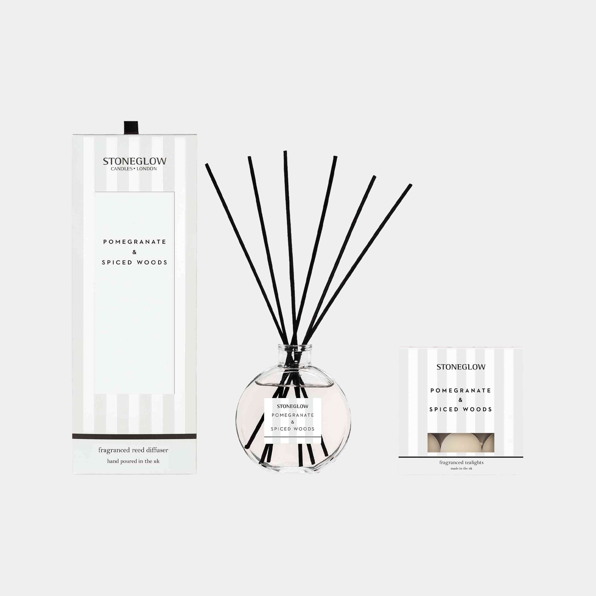 Stoneglow Modern Classics - Pomegranate & Spiced Woods Reed Diffuser & Tealights Set