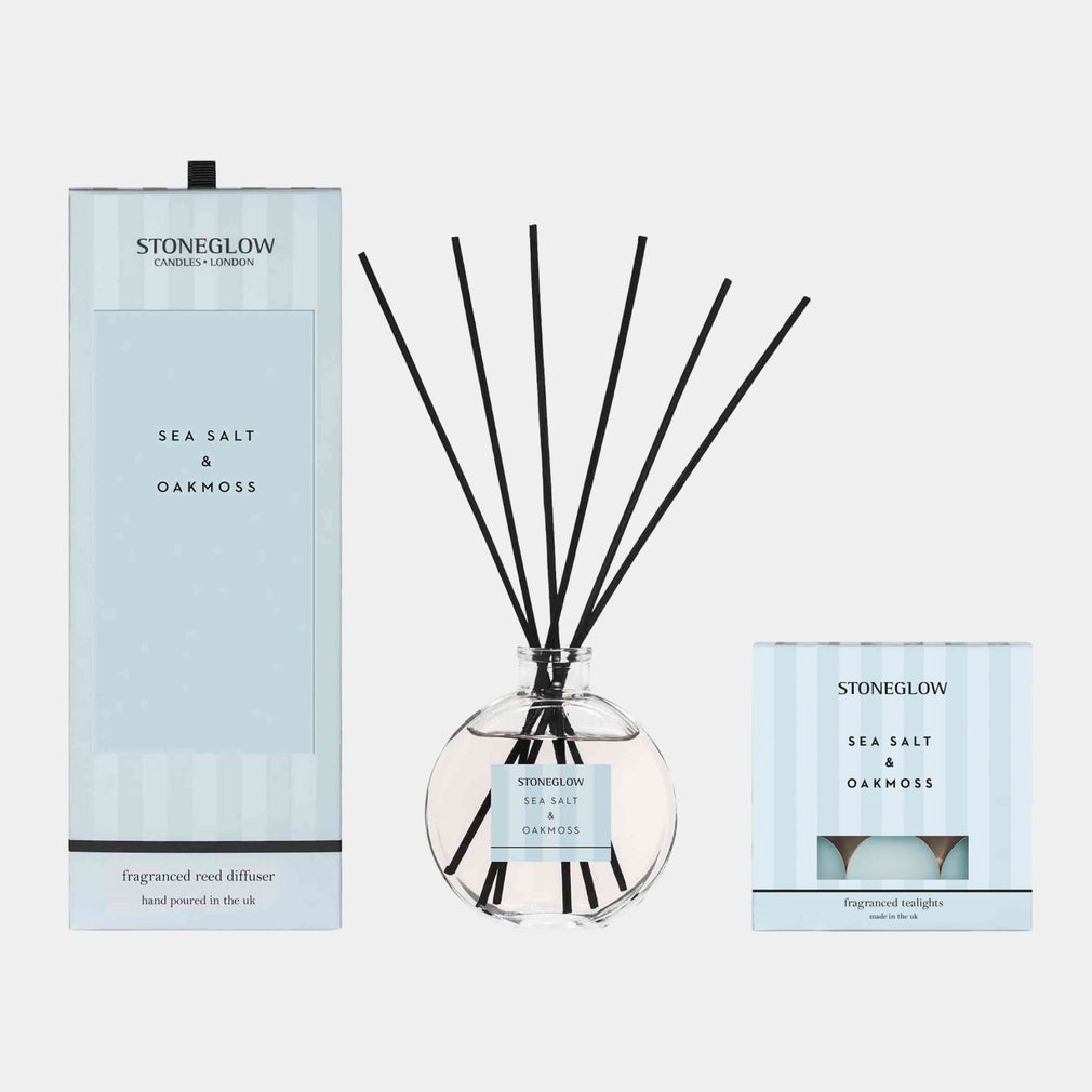 Stoneglow Modern Classics - Sea Salt & Oakmoss Reed Diffuser & Tealight Candles Set