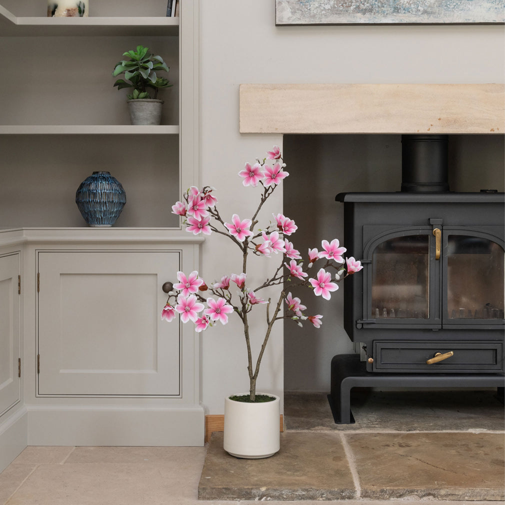 Artificial Potted Flower - Pink Magnolia Tree in Cream Pot