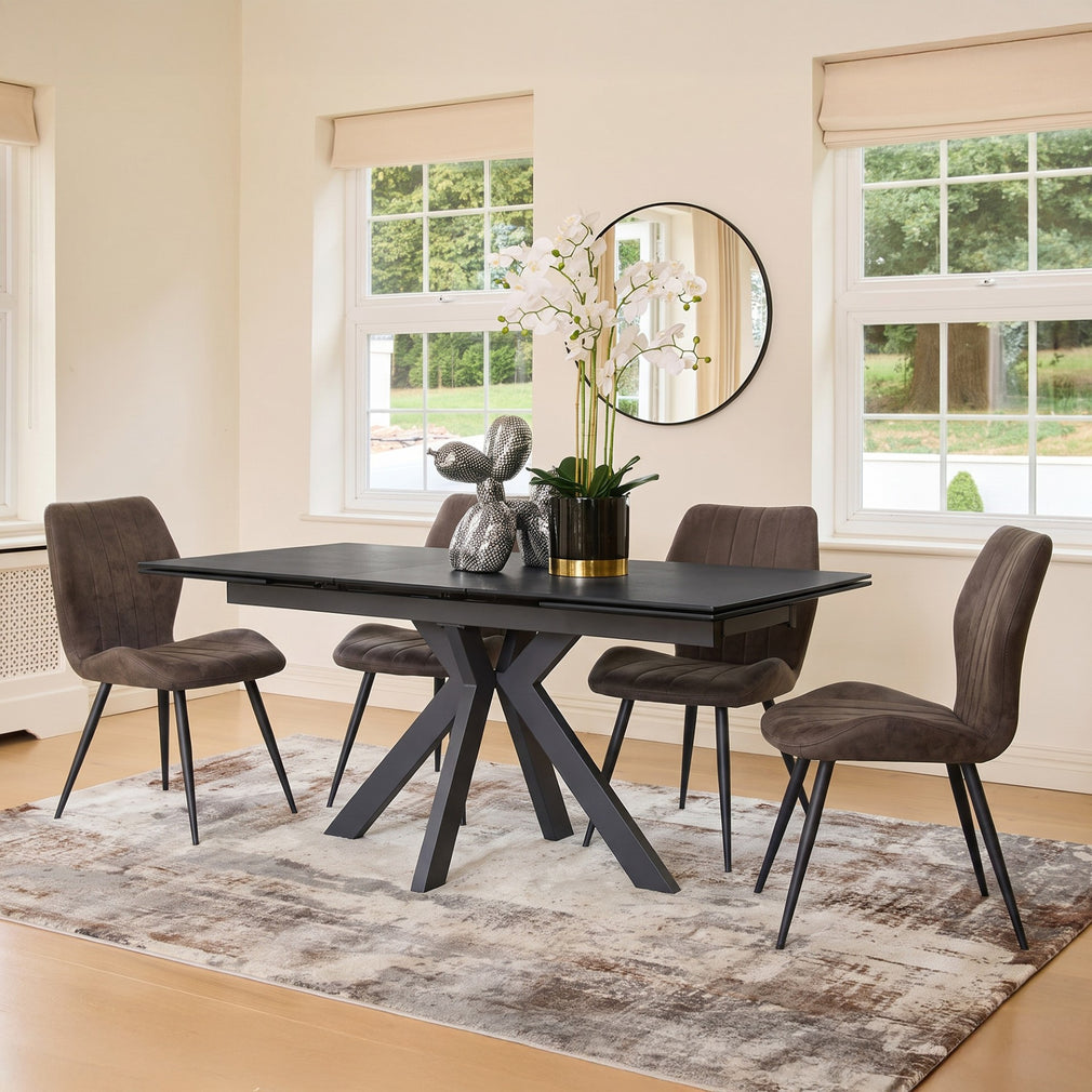 Silvano Grey - Ceramic Extending Dining Table Set With 4 Dining Chairs, Fabric