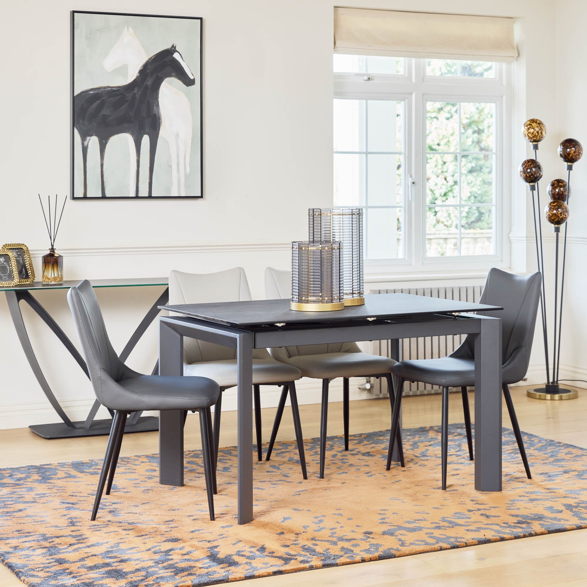 Tarranto - 120cm Extending Dining Table, Grey Ceramic & 4 Hunter Chairs Set, Dark Grey