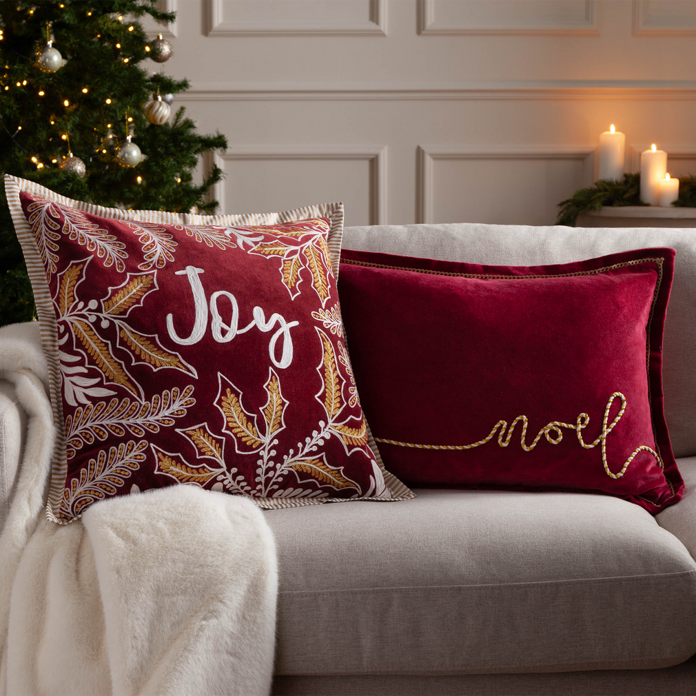 Winter Joy Embroidered - Red Christmas Cushion 50x50cm