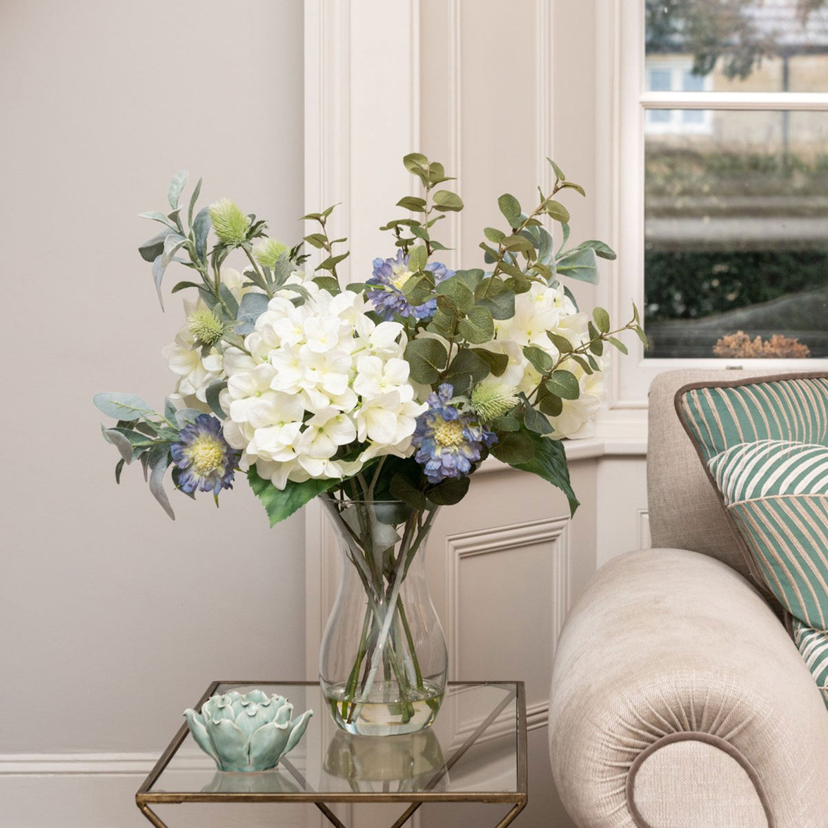 Artificial Waverly White Hydrangea Bouquet in Vase - Faux Floral Arrangement