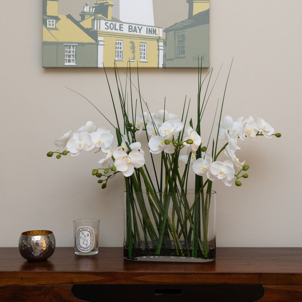 Artificial White Orchid in Glass Vase - Luxury Faux Floral Centrepiece