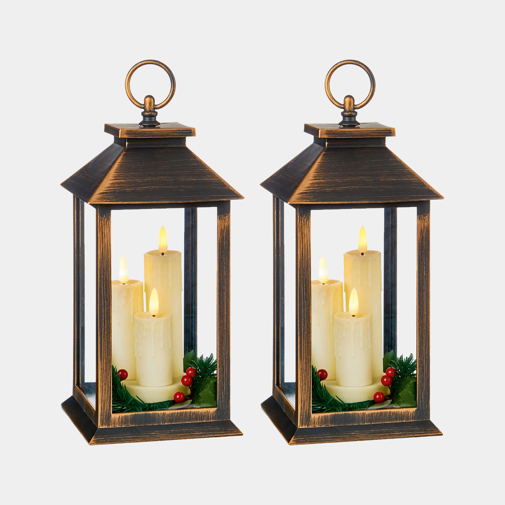 Bronze LED Christmas Lanterns & Flickering Candles - Set of 2 Indoor Festive Decorations