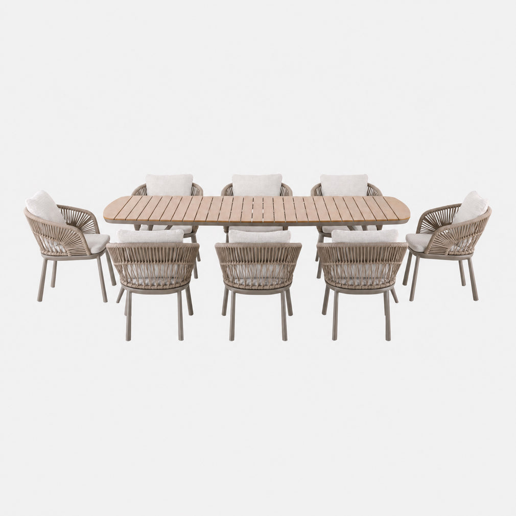 Mauritius - 8 Seat Garden Dining Set, Champagne Aluminium & Rope Effect Weave