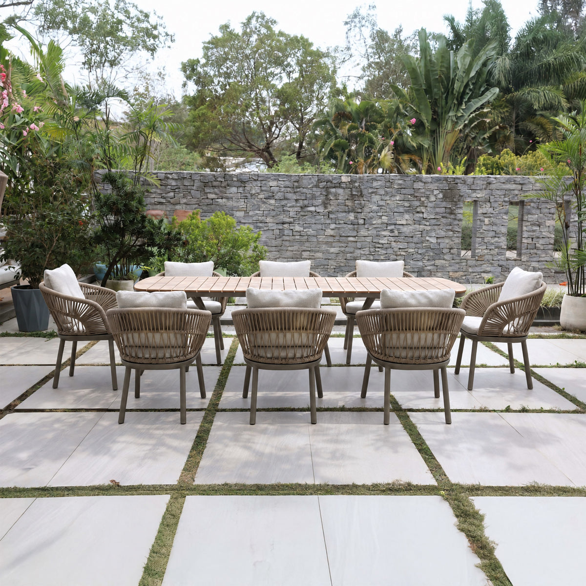 Mauritius - 8 Seat Garden Dining Set, Champagne Aluminium & Rope Effect Weave