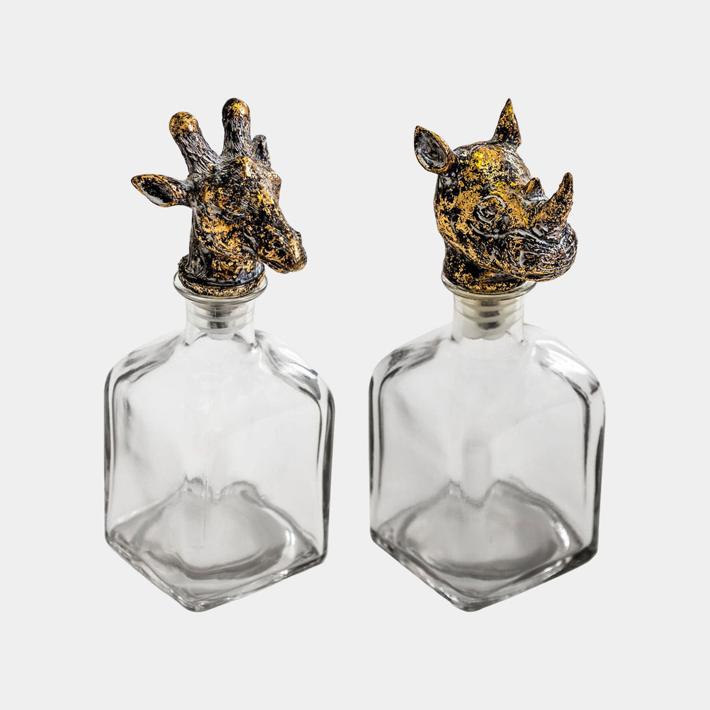 Rhino & Giraffe Head - Glass Decanters, Set of 2