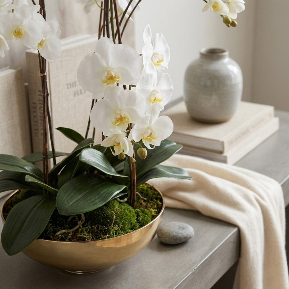 Artificial Plant - Orchid Plant & Gold Glass Bowl, Ivory Majesty